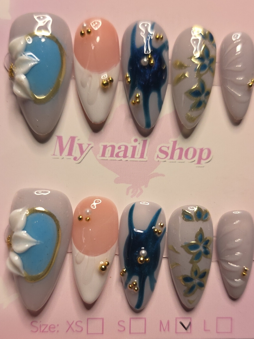 Blue & Pink Floral Press-On Nails – Elegant Women Makeup Nail Set Size Med